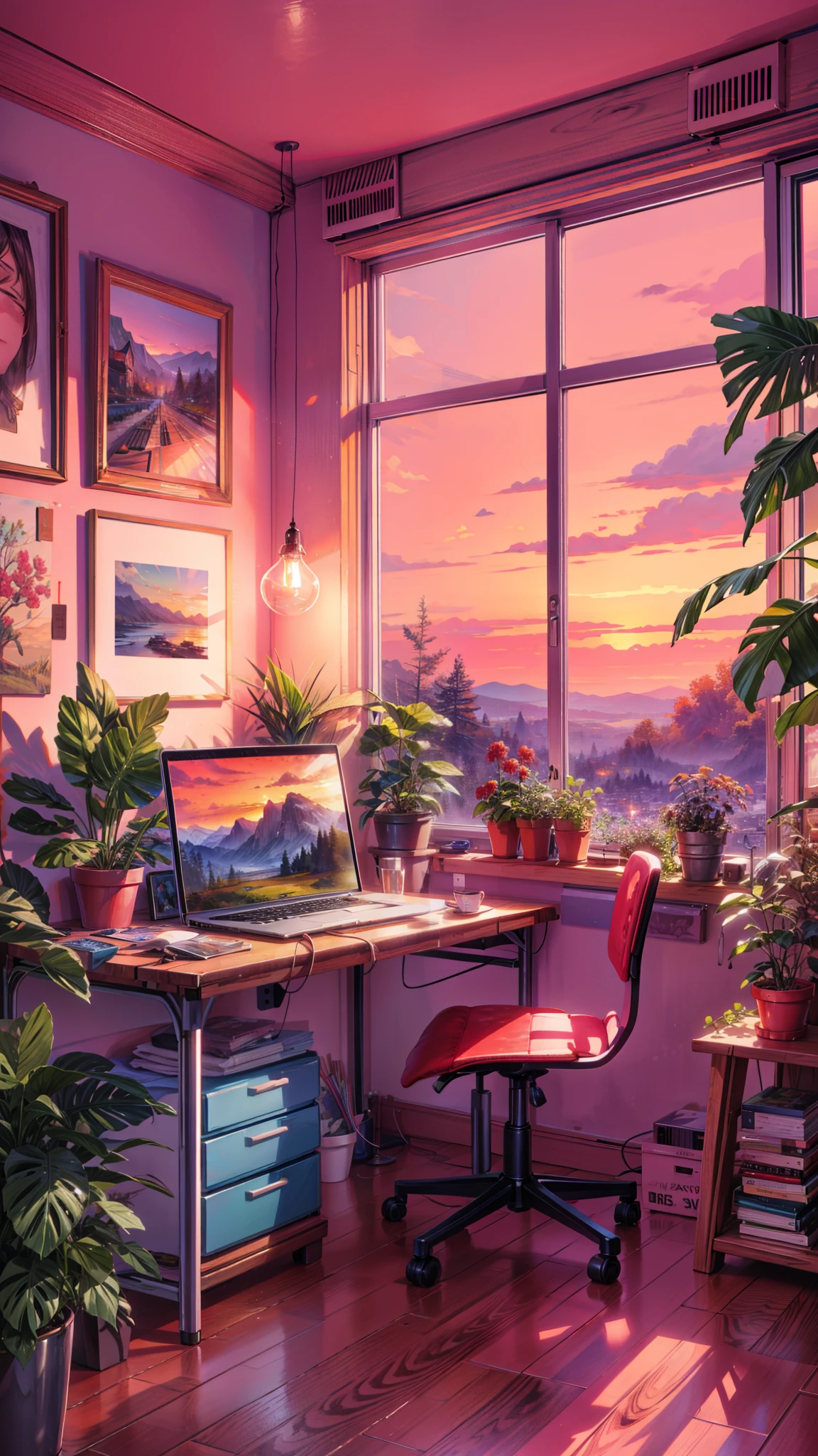 a laptop computer sitting on top of a wooden desk, dream atmosphere, cute room, a room, personal room background, photorealistic room, floral sunset, cozy environment, room full of plants, peaceful mood, vibes, lofi aesthetic, sunset mood, brightly lit pink room, open room, dream - like atmosphere, dream-like atmosphere, tumblr aesthetic, 4k hd,, beautiful art uhd 4 k, a beautiful artwork illustration, beautiful digital painting, highly detailed digital painting, beautiful digital artwork, detailed painting 4 k, very detailed digital painting, rich picturesque colors, gorgeous digital painting