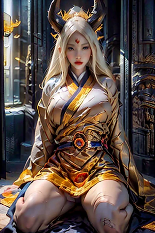 kaguya otsutsuki sitting down , gold hair, golden horns, blue eyes (tenseigan), gold third eye, gold gown