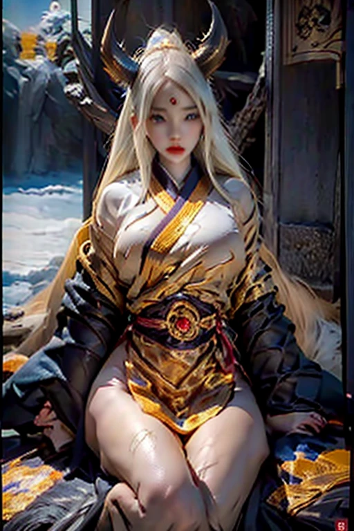 kaguya otsutsuki sitting down , gold hair, golden horns, blue eyes (tenseigan), gold third eye, gold gown