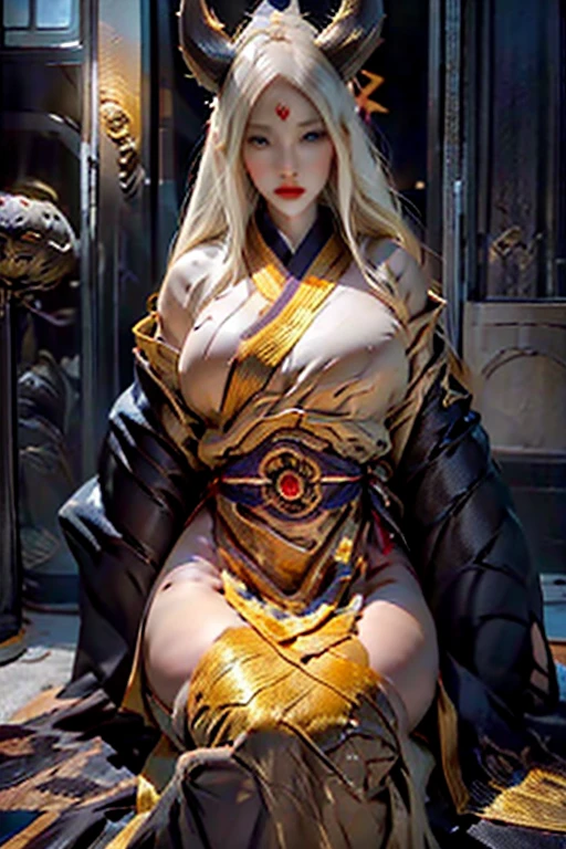 kaguya otsutsuki sitting down , gold hair, golden horns, blue eyes (tenseigan), gold third eye, gold gown