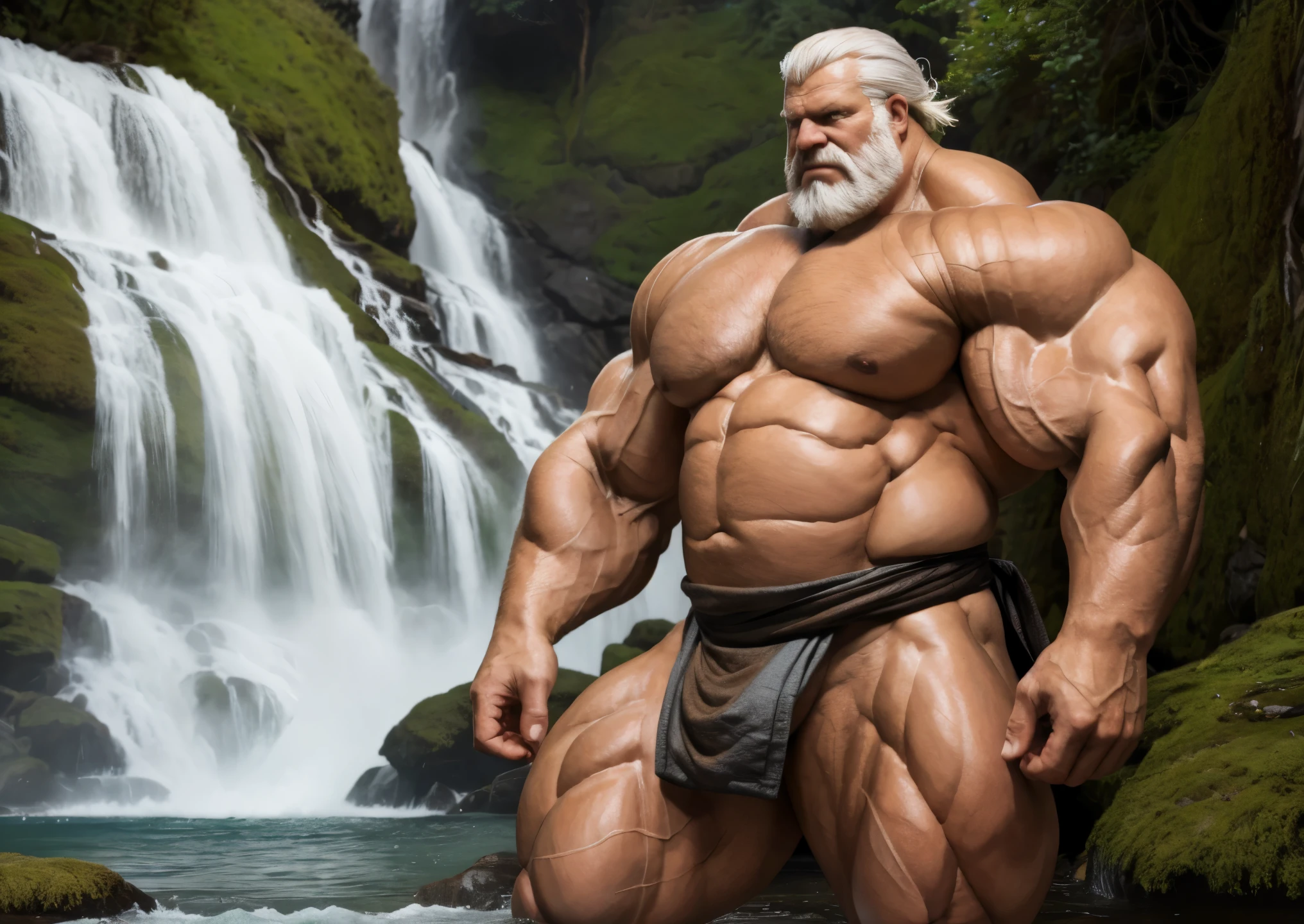 Solo, male focus, 1boy,Wide medium shots, ground level camera shot, (best quality,4k,8k,highres,masterpiece:1.2),ultra-detailed,(realistic,photorealistic,photo-realistic:1.37),((massive muscular)) ((huge Muscular)) old man standing in Waterfall , Fundoshi , white hair, super thick arms, super big pectoral, super wide pectoral, topless, shirtless.