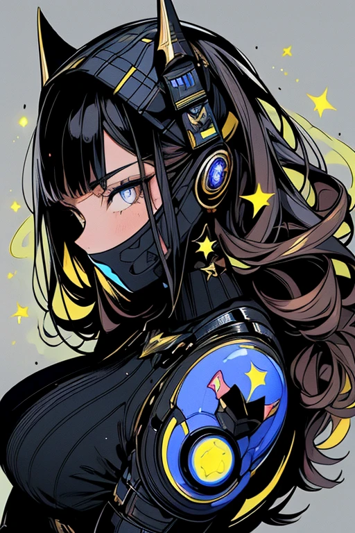 Artistic image, female Black Bolt with golden and bronze pattern. She has a face with sharp features and a body with muscular shapes. She is wearing a suit and a mask that covers her mouth. The background is a cosmic scene, with stars, planets, and nebulae. The image is glowing with energy and contrast. Inspired by artgem, superhero, and sci-fi. Camera medium shot, 50mm lens, front view. Render 4K resolution, highly detailed, HDR, dark colors, yellow lighting.