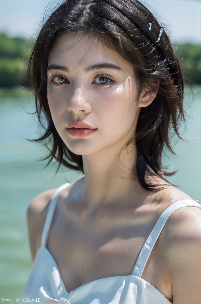 ( masterpiece, top quality, best quality,8k, girl,ultra detailed,raw photo:1.5),(photorealistic:1.4), (black hair:1.5), (cinematic lighting), PerfectNwsjMajic, , Surrealism, UHD, ccurate, Super detail, textured skin, High detail, Best quality, dynamic angle, White skin,[Beautiful blue eyes], high nose,[flat chest:large breasts:0.5],(1girl),(good anatomy:0.5)),(outside,river,portrait:1.5),white dress,original face 