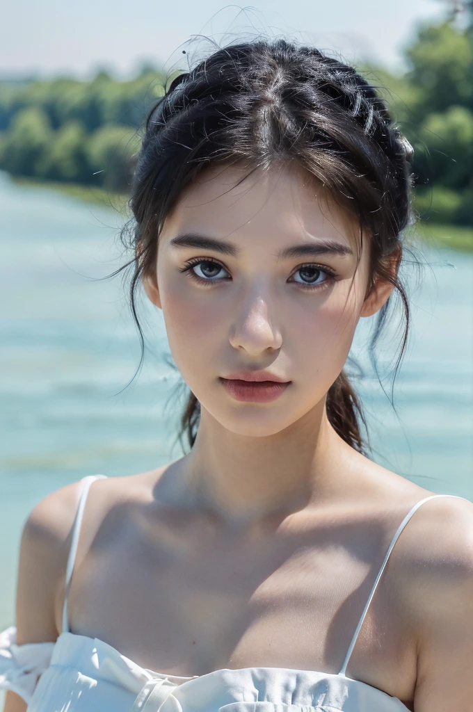 ( masterpiece, top quality, best quality,8k,17 years old girl,ultra detailed,raw photo:1.5),(photorealistic:1.4), (black hair:1.5), (cinematic lighting), PerfectNwsjMajic, , Surrealism, UHD, ccurate, Super detail, textured skin, High detail, Best quality, dynamic angle, White skin,[Beautiful blue eyes], high nose,[flat chest:large breasts:0.5],(1girl),(good anatomy:0.5)),(outside,river,portrait:1.5),white dress,original face 