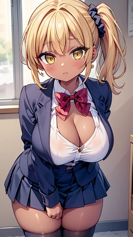 highest quality,wonderful,finely,extremely detailed CG Unity 8K wallpaper, (1 girl,yellow hair, yellow eyes,low ponytail, Scrunchie, earrings),  (brown skin:1.2),(hanging ), (), (white collared shirt:1.1)、(:1.1)、(cleavage:1.1)、(black pleated skirt:1.1)、(mini skirt:1.1),(black stockings:1.1),(Thighs:1.1),(constriction:1.1)