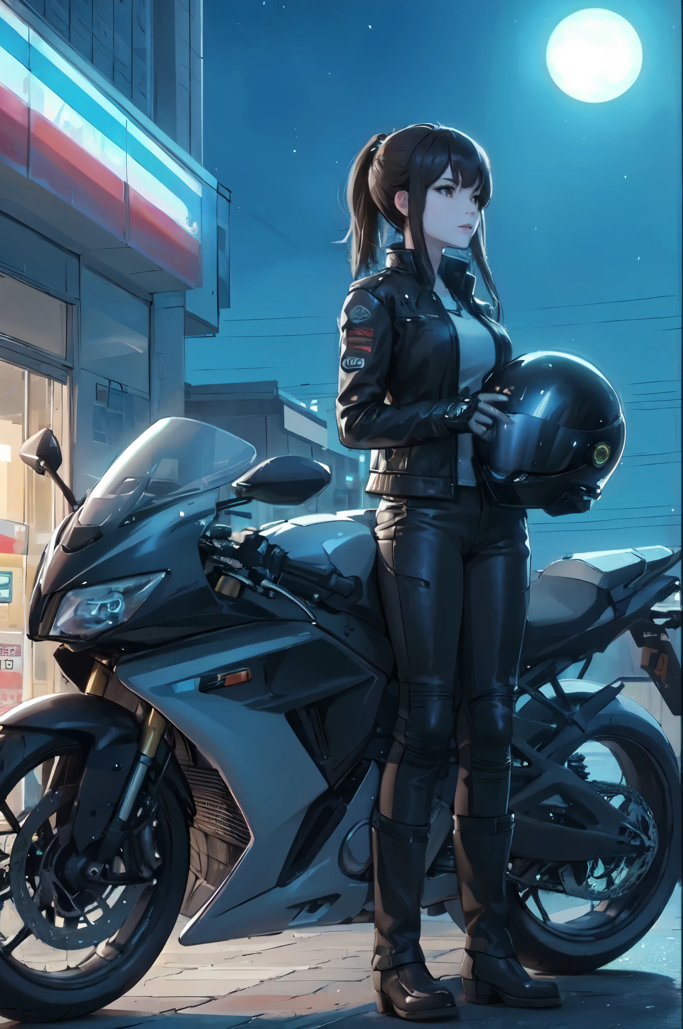 1lady solo standing next to motorcycle, (stylish outfit), (rider's jacket) pants, mature female, /(black hair/) bangs, cool expression, (light smile:0.6), (masterpiece best quality:1.2) delicate illustration ultra-detailed, large breasts BREAK (holding full-face helmet) BREAK (in front of convenience store), outdoors, parking lot, (stylish motorcycle), midnight, dimly lit, contrast, detailed background