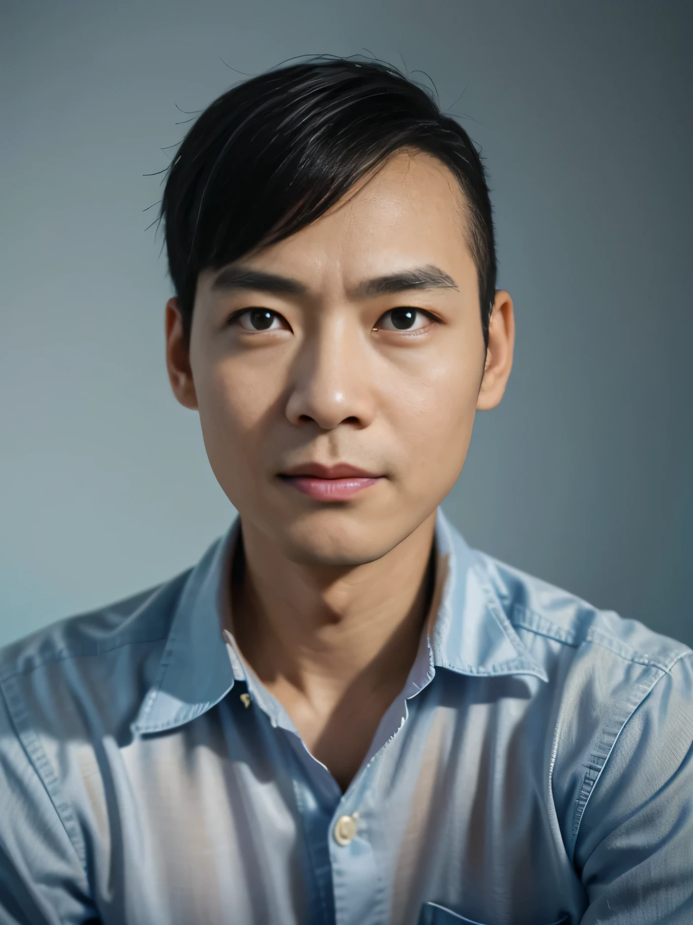 Highly realistic photo, ((masterpiece), (best quality), (raw photo), (photorealistic:1.4), Portrait of Vietnamese man, 45 years old, ((black hair)), ((brown shirt)), ((light blue background)), photo taken by Sony A7IV