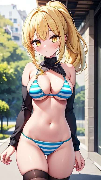 highest quality,wonderful,finely,extremely detailed CG Unity 8K wallpaper, (1 girl,yellow hair, yellow eyes,low ponytail), (hanging breasts), (Light blue striped micro bikini), (black stockings:1.1),(Thighs),(constriction)