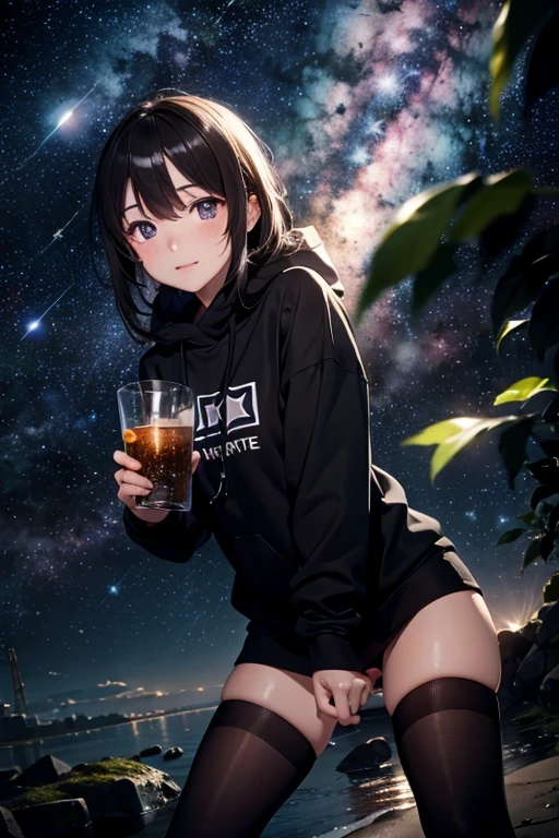 (8K), (best quality), (muste piece: 1.2)　　The starry sky is dark and I&#39;m wearing a black sweatshirt. The distant stars are shining
