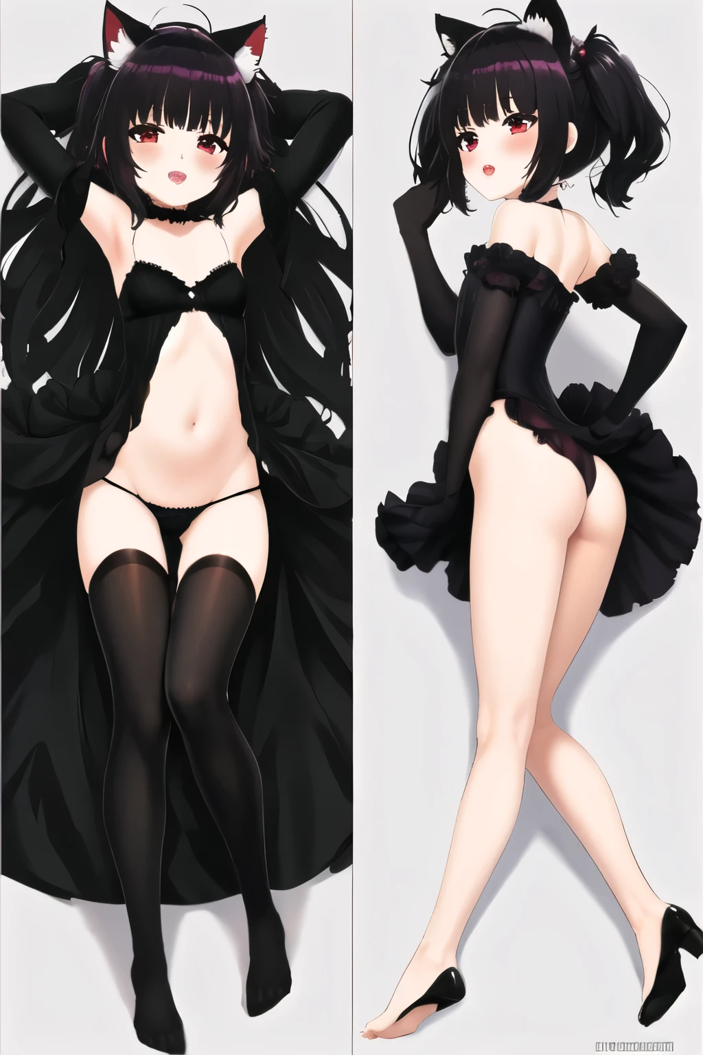 (obra maestra),(Mejor calidad),ultra detallado,1 chica, Axilas, Arms behind the head, brazos arriba, Golpes, escote, dakimakura \(medio\), ,((long hair slightly wavy slightly past the shoulders, black bangs, small black pigtails on the sides, cute cat ears, beautiful thin red eyes,)), , ojos de gato verticales rojos muy detallados, labios sensuales , mejillas rosadas,, detached cohllar, vestido, elbohw glohves, ribete de piel, glohves, pelo entre los ojos, hohrns, (pechos enormes), lohng hair, lohohking at viewer, mintiendo, multicohlohcabello rojo, ombligo, ohfficial alternate cohstume, ohn back, Labios partidos, pelvic curtain, cabello rojo, skindentatiohn, sohloh, pelo rayado, muslos, muslos, twoh-tohne hair, very lohng hair, pelo blanco, yellohw eyes,piel brillante,Primavera-Aegir,hembra madura,;oh