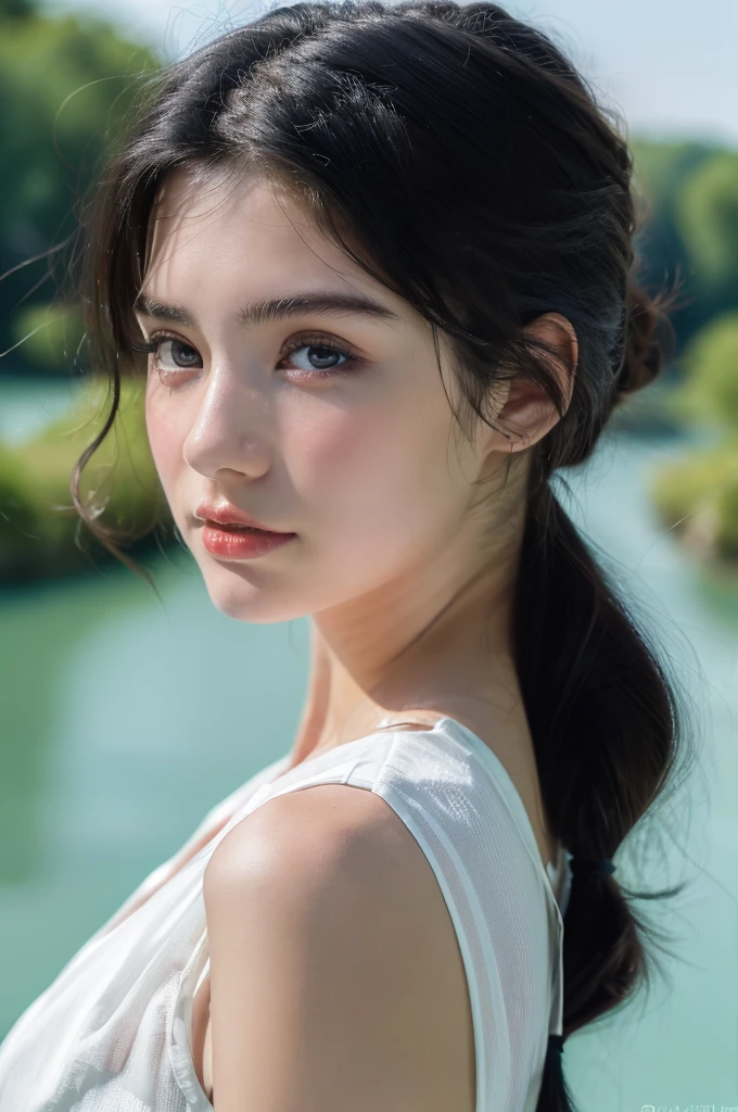 ( masterpiece, top quality, best quality,8k, girl,ultra detailed,raw photo:1.5),(photorealistic:1.4), (black hair:1.5), (cinematic lighting), PerfectNwsjMajic, , Surrealism, UHD, ccurate, Super detail, textured skin, High detail, Best quality, dynamic angle, White skin,[Beautiful blue eyes], high nose,[flat chest:large breasts:0.5],(1girl),(good anatomy:0.5)),(outside,river,portrait:1.5),white dress,original face 