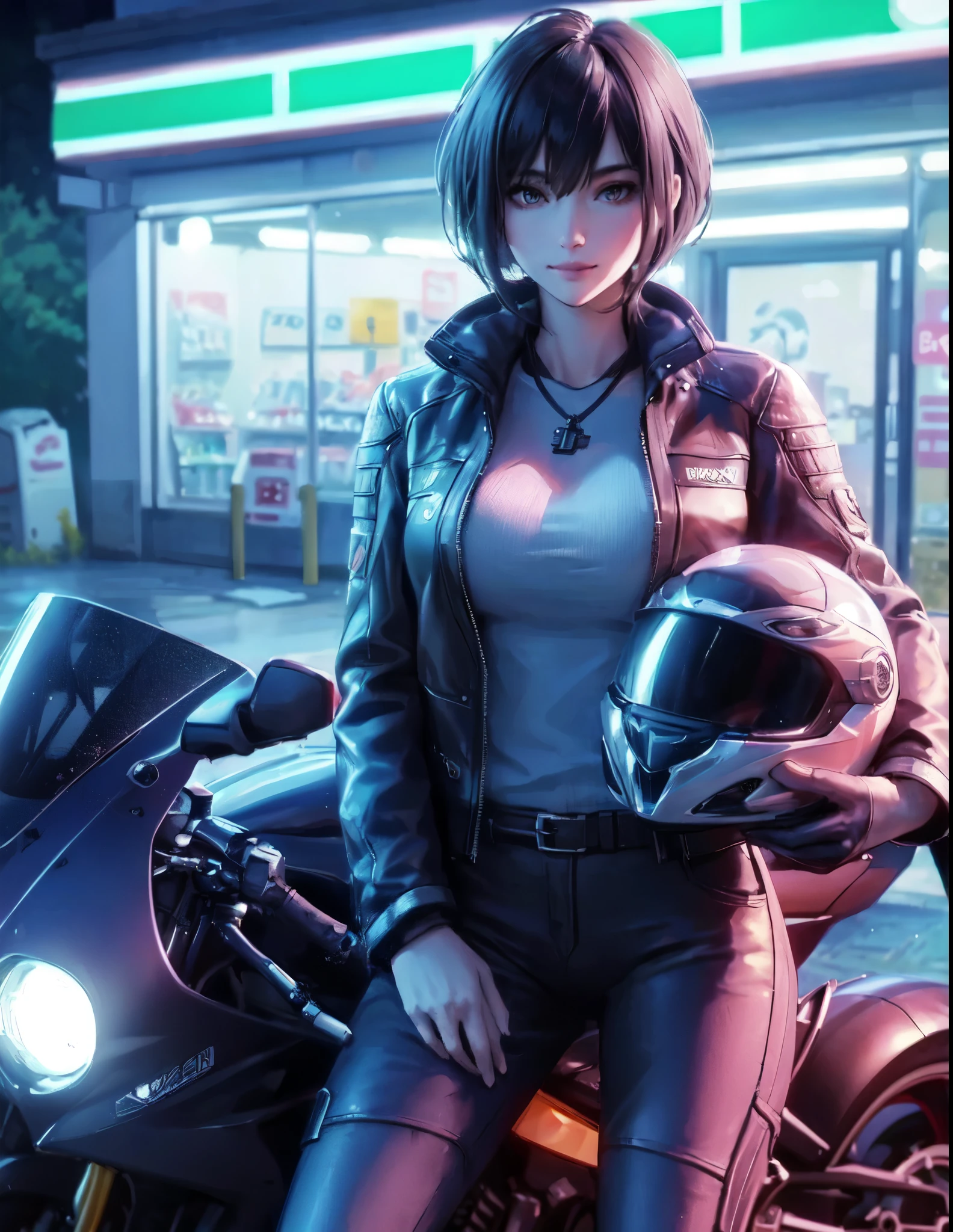 1lady standing, leaning against to motorcycle, (stylish outfit), (rider's jacket) pants, mature female, /(black hair/) bangs, (light smile:0.8), (masterpiece best quality:1.2) delicate illustration ultra-detailed, large breasts BREAK (holding full-face helmet) BREAK (in front of convenience store), outdoors, parking lot, (stylish motorcycle), midnight, dimly lit, contrast, detailed background