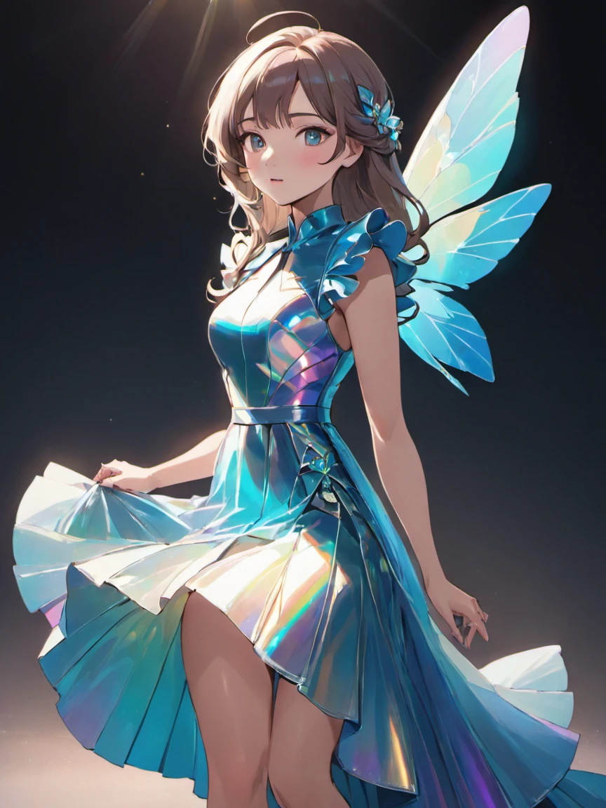 breathtaking beautiful woman wearing an iridescent Flutter Sleeve Dress, Bunker, Crouching, . award-winning, professional, highly detailed