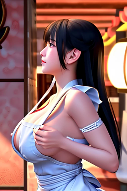 ((highest quality)), perfect face,(very cute face),(profile),(Detailed and very large breasts),perfect face, (half up),(big breasted girl),(1 person),shy,Your hands are wet,((Exposed breasts from the side)),((jk)),((No underwear)),(Japanese),(White sexy nude apron),(skinny)
