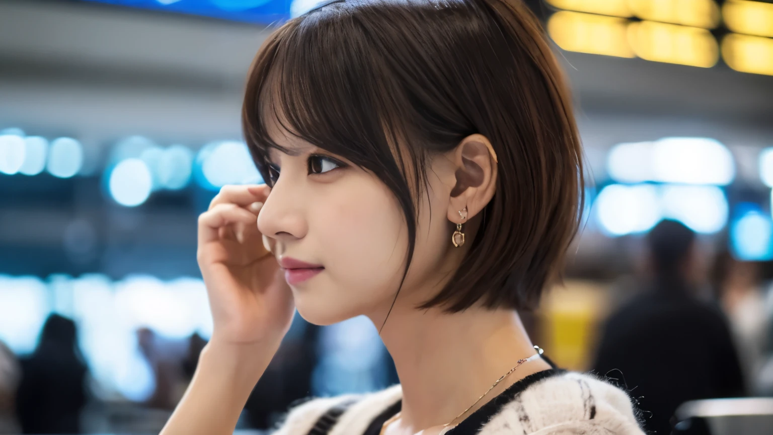 (highest quality、8K、32k、masterpiece、nffsw:1.2)、Photo taken at the airport cafe terrace, cute日本人女性の写真、very short bobbed hair、Upper body、surface focus、Extra Large_sweater、necklace、Airport cafe terrace background、Viewer search x4、(8K、Raw photo、highest quality、masterpiece:1.2)、(realistic、Photoreal:1.37)、1 girl、cute、professional lighting、photon mapping、Physically based rendering、gradient brunette hair、short curly hair、excellent image quality、High resolution、1080p、(cute face)、(Detailed facial description)、(Detailed Hand Explanation)、(Masseter muscle part)、(Detailed CG)、 extreme light and shadow、hair is dirty、masterpiece、Rich details、(exquisite features)、(best image quality)、(masterpiece)、(detailed eye)、delicate clavicle、various poses、Don'Don'don't look at the camera、profile、Photo taken at the airport cafe terrace、spring clothes、simple necklace、knit,A stylish cafe at the airport