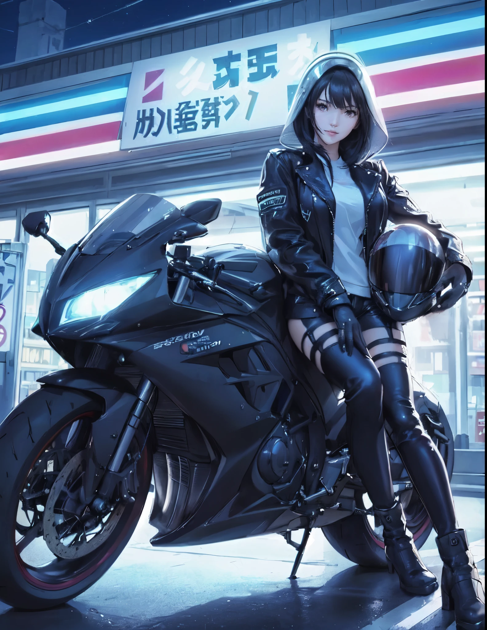 1lady standing, leaning against to motorcycle, (stylish outfit), (rider's jacket) pants, mature female, /(black hair/) bangs, (light smile:0.6), (masterpiece best quality:1.2) delicate illustration ultra-detailed, large breasts BREAK (holding full-face helmet) BREAK (in front of convenience store), outdoors, parking lot, (stylish motorcycle), midnight, dimly lit, contrast, detailed background