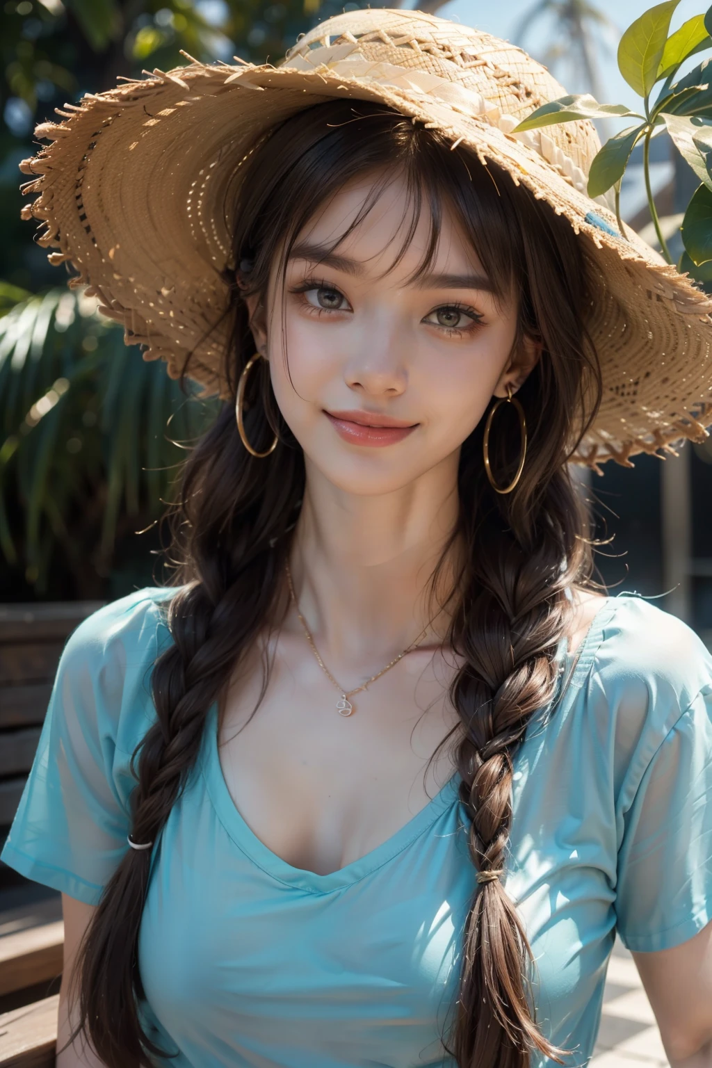 (HighestQuality, 8K,32k,masterpiece, UHD:1.2),Highly detailed CG Unity 8K wallpaper,intricate details,Raw photo,(realistic:1.4),atmosphere,ultra high resolution,genuineistic,genuine,Huge_file size,incredibly absurd,(in the center:1.3),ultra illustration,(Super detailed),dramatic lighting,different colors,written boundary depth,art:Krenz Kushart,golden hour lighting,Photographed with Canon EOS,SIGMA art lens 35mm F1.4,ISO200 Shutter speed 2000,blurred background,
break,
1 girl,(smile:1.4),because I'thin,(one long Braid hair with see-through bangs,:1.4),alone,20 year old Japanese beauty, (sea,straw hat,white lace camisole:1.5),(light brown hair:1.5),((brown eyes)),largechest,chest, Soft white skin that shines in every detail,pale skin,very beautiful face,very well-shaped face,natural and realistic face,Highest,fine and beautiful eyes,impressive, Big eyes,fine eyes, smile, smile with your mouth closed, detailed mouth,lip details,glossy beautiful lips,glossy lips,simple earrings,necklace,jewelry, alone focus,low neckline,
break,
light from the front,nice,Are standing,sensual expression, break,
(Dutchangle:1.4),looking at the viewer,
break,Tzuyu,Yui Aragaki,