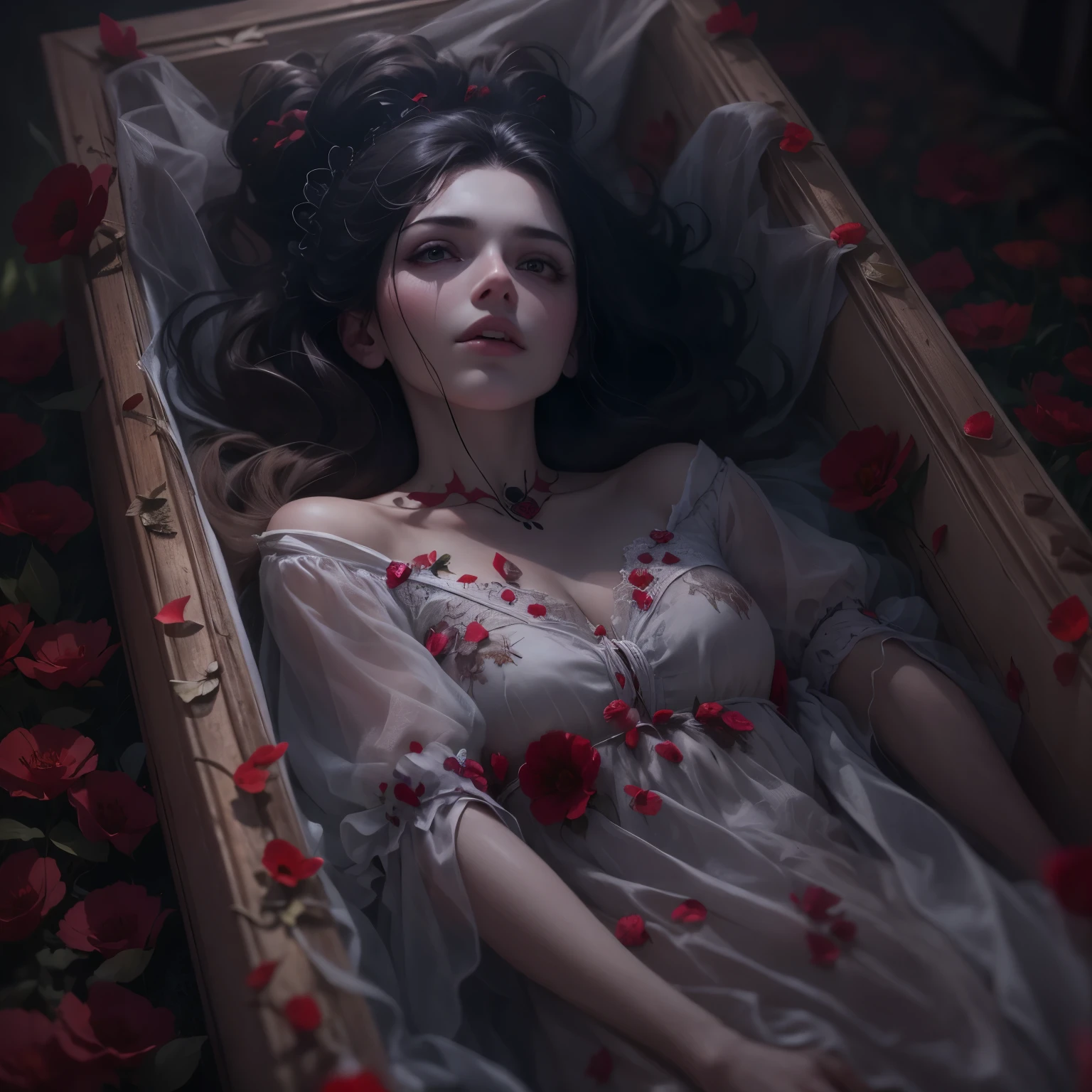 Realistic and detailed image of a beautiful, dead woman, dark and pale skin, 20 years old, Lying in a coffin with a pale face, Red, evil eyes opened.