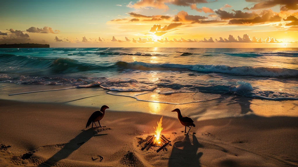 landscape of a sunset, night, perching on the bright sea, reflection of the sun on the sea on a beach, four friends in the sand making a bonfire (silhouettes seen in perspective against the sun) seen from the sand, perspective from the land towards the sunset. happy, beautiful red colorful sunset, hawaii