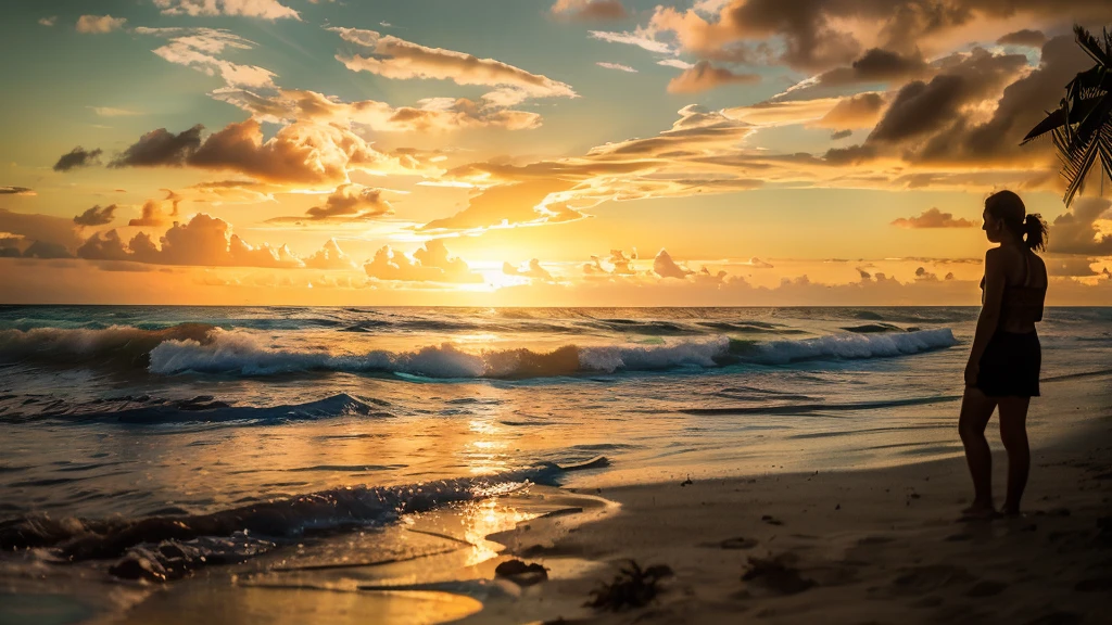 landscape of a sunset, night, perching on the bright sea, reflection of the sun on the sea on a beach, four friends in the sand making a bonfire (silhouettes seen in perspective against the sun) seen from the sand, perspective from the land towards the sunset. happy, beautiful red colorful sunset, hawaii