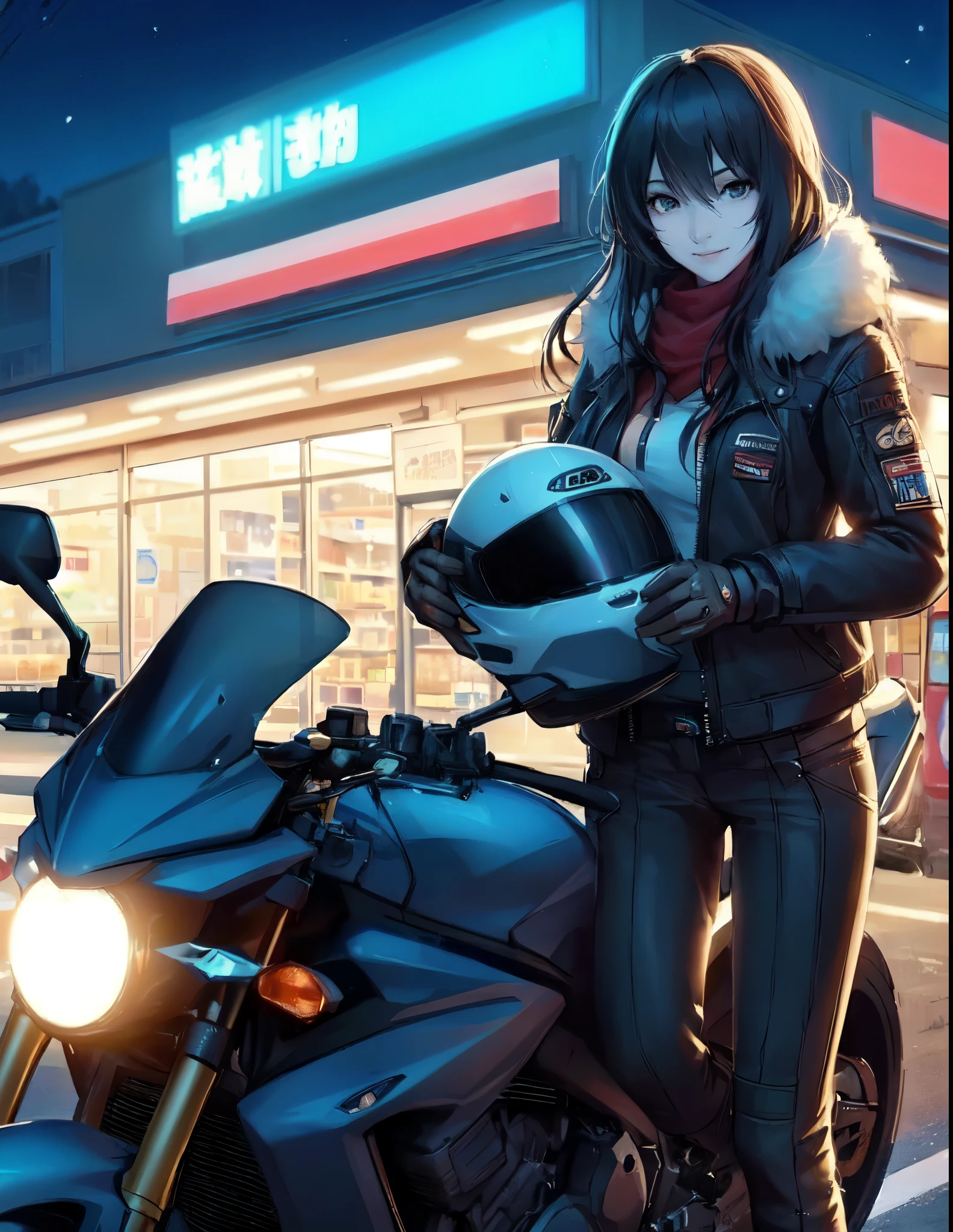 1lady standing, leaning against to motorcycle, (stylish outfit), (rider's jacket) pants, mature female, /(black hair/) bangs, (light smile:0.8), (masterpiece best quality:1.2) delicate illustration ultra-detailed, large breasts BREAK (holding full-face helmet) BREAK (in front of convenience store), outdoors, parking lot, (stylish motorcycle), midnight, dimly lit, contrast, detailed background
