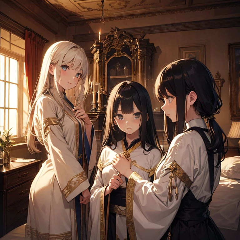 A group of priestesses, (in bedroom), various hair styles, harem, night, details face, seducing