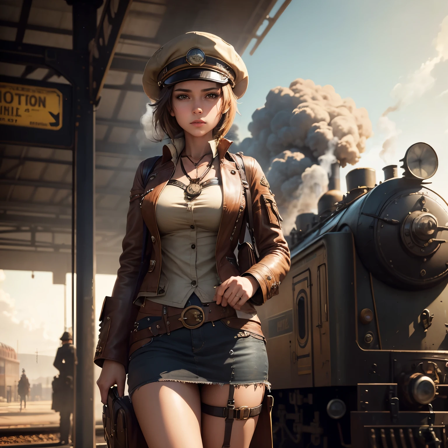 1 girl, aviator hat , solo, steam punk, train station, , steam, smoke, masterpiece, highly detailed,HDR,8k resolution, best quality,