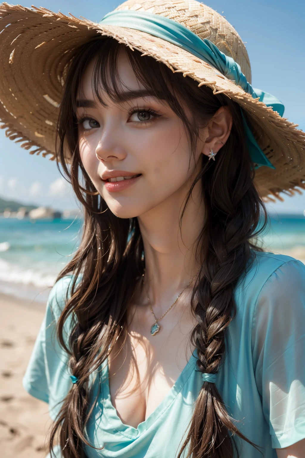 (HighestQuality, 8K,32k,masterpiece, UHD:1.2),Highly detailed CG Unity 8K wallpaper,intricate details,Raw photo,(realistic:1.4),atmosphere,ultra high resolution,genuineistic,genuine,Huge_file size,incredibly absurd,(in the center:1.3),ultra illustration,(Super detailed),dramatic lighting,different colors,written boundary depth,art:Krenz Kushart,golden hour lighting,Photographed with Canon EOS,SIGMA art lens 35mm F1.4,ISO200 Shutter speed 2000,blurred background,
break,
1 girl,(smile:1.4),because I'thin,(one long Braid hair with see-through bangs,:1.4),alone,20 year old Japanese beauty, (sea,straw hat,blue tee shirt:1.5),(light brown hair:1.5),((brown eyes)),largechest,chest, Soft white skin that shines in every detail,pale skin,very beautiful face,very well-shaped face,natural and realistic face,Highest,fine and beautiful eyes,impressive, Big eyes,fine eyes, smile, smile with your mouth closed, detailed mouth,lip details,glossy beautiful lips,glossy lips,simple earrings,necklace,jewelry, alone focus,low neckline,
break,
light from the front,nice,Are standing,sensual expression, break,
(Dutchangle:1.4),looking at the viewer,
break,Tzuyu,Yui Aragaki,