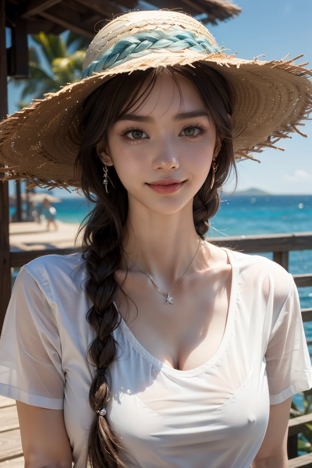 (HighestQuality, 8K,32k,masterpiece, UHD:1.2),Highly detailed CG Unity 8K wallpaper,intricate details,Raw photo,(realistic:1.4),atmosphere,ultra high resolution,genuineistic,genuine,Huge_file size,incredibly absurd,(in the center:1.3),ultra illustration,(Super detailed),dramatic lighting,different colors,written boundary depth,art:Krenz Kushart,golden hour lighting,Photographed with Canon EOS,SIGMA art lens 35mm F1.4,ISO200 Shutter speed 2000,blurred background,
break,
1 girl,(smile:1.4),because I'thin,(one long Braid hair with see-through bangs,:1.4),alone,20 year old Japanese beauty, (sea,straw hat,white tee shirt:1.5),(light brown hair:1.5),((brown eyes)),largechest,chest, Soft white skin that shines in every detail,pale skin,very beautiful face,very well-shaped face,natural and realistic face,Highest,fine and beautiful eyes,impressive, Big eyes,fine eyes, smile, smile with your mouth closed, detailed mouth,lip details,glossy beautiful lips,glossy lips,simple earrings,necklace,jewelry, alone focus,low neckline,
break,
light from the front,nice,Are standing,sensual expression, break,
(Dutchangle:1.4),looking at the viewer,
break,Tzuyu,Yui Aragaki,
