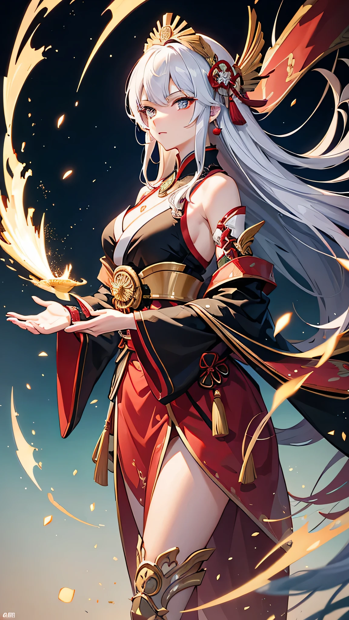 "Masterpiece depiction of Oda Nobunaga as a beautiful young woman in a high-quality 8K, ultra-detailed anime style, emphasizing her charismatic and innovative spirit. This portrayal features Nobunaga in a striking, Western-inspired armor, redesigned to fit a feminine silhouette with vivid reds and blacks. Her hair is styled in a sleek, modern cut, flowing elegantly. Her sharp, ambitious eyes gaze towards a futuristic backdrop, blending traditional Japanese castles with neon lights and cyber enhancements, symbolizing her transformative impact on Japanese history as a visionary leader."