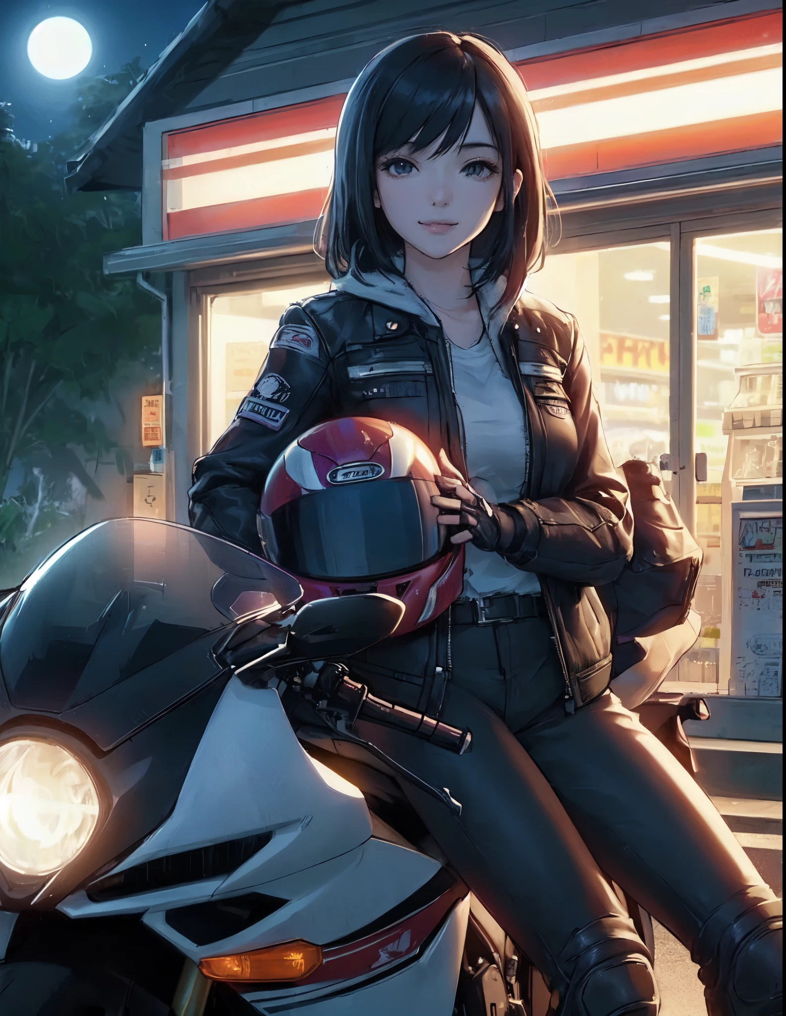 1lady standing, leaning against to motorcycle, (stylish outfit), (rider's jacket) pants, mature female, /(black hair/) bangs, (light smile:0.8), (masterpiece best quality:1.2) delicate illustration ultra-detailed, large breasts BREAK (holding full-face helmet) BREAK (in front of convenience store), outdoors, parking lot, (stylish motorcycle), midnight, dimly lit, contrast, detailed background
