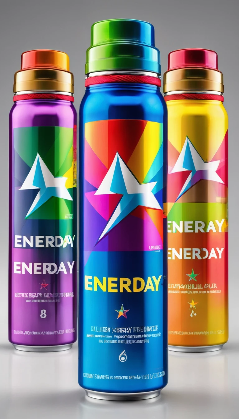 8 different flavours and different colours of bottle of an energy drink called "Enerday" and one of those 8 bottle is a rainbowed colored