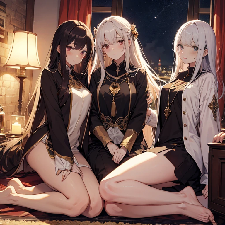 A group of  priestess, (in bedroom), various hair styles, harem, night, details face, seducing, ceremonial outfit, multiple girls, exposed shoulders 