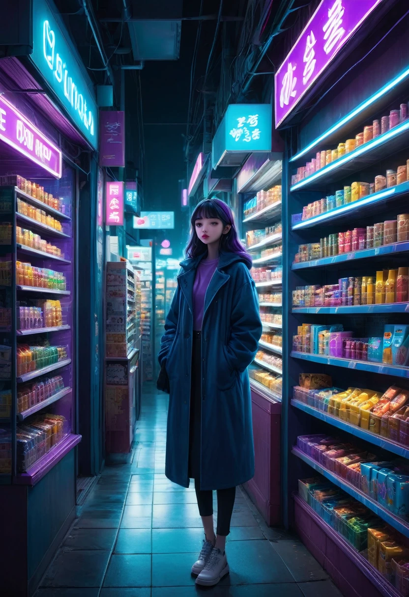 1girl, midnight convenience store, aesthetic, Neon Night page, vibrant city lights, dimly lit shelves full of snacks and drinks, a cashier with tired eyes, fluorescent lighting casting a soft glow, late-night customers browsing the aisles, flickering neon signs outside the store, a sense of mystery and solitude, a hazy atmosphere with a touch of nostalgia, cinematic and atmospheric, high-res details capturing the smallest nuances, a combination of realism and dream-like quality, urban aesthetic blending with a hint of surrealism, cool blue and purple tones, soft shadows and subtle highlights, an ambiance that evokes a sense of tranquility and possibility in the midst of the night.
