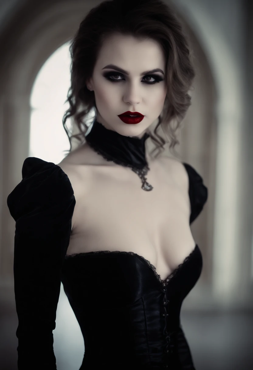Beautiful woman dressed in gothic with gloves on her hands and looking all sensual