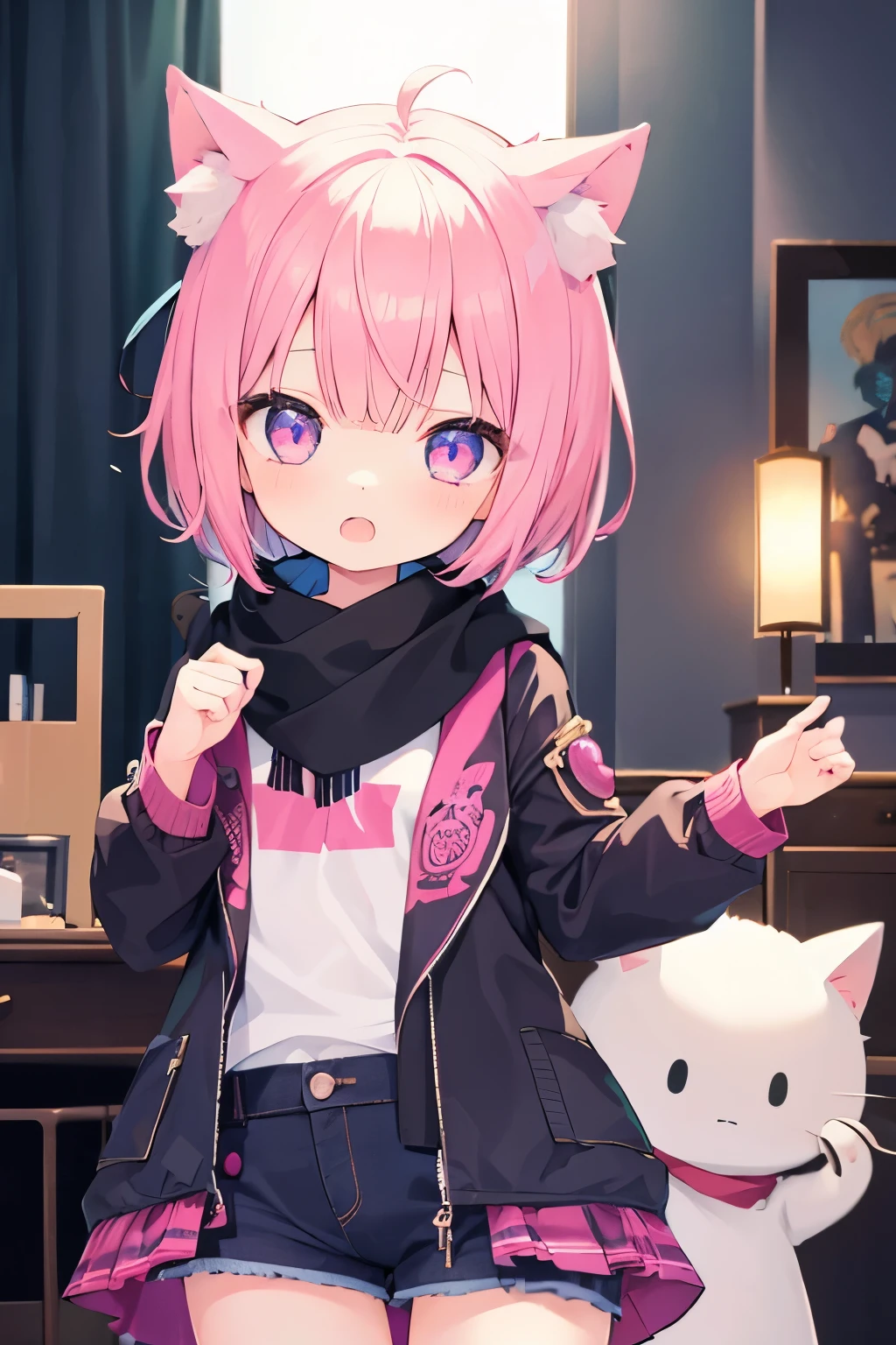 Very beautiful and shining eyes、shining eyes、1 girl、small breasts、big mouth、high school girl、small breasts、Cat ear、Transparent pink short hair、scarf、hot pants、transparent clothes、childish clothes、7  girl