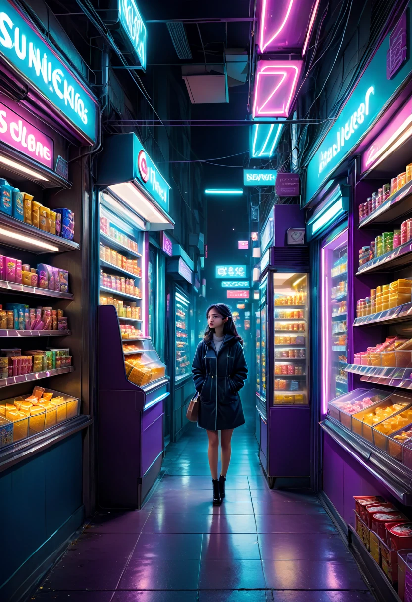 1girl, midnight convenience store, aesthetic, Neon Night page, vibrant city lights, dimly lit shelves full of snacks and drinks, a cashier with tired eyes, fluorescent lighting casting a soft glow, late-night customers browsing the aisles, flickering neon signs outside the store, a sense of mystery and solitude, a hazy atmosphere with a touch of nostalgia, cinematic and atmospheric, high-res details capturing the smallest nuances, a combination of realism and dream-like quality, urban aesthetic blending with a hint of surrealism, cool blue and purple tones, soft shadows and subtle highlights, an ambiance that evokes a sense of tranquility and possibility in the midst of the night.