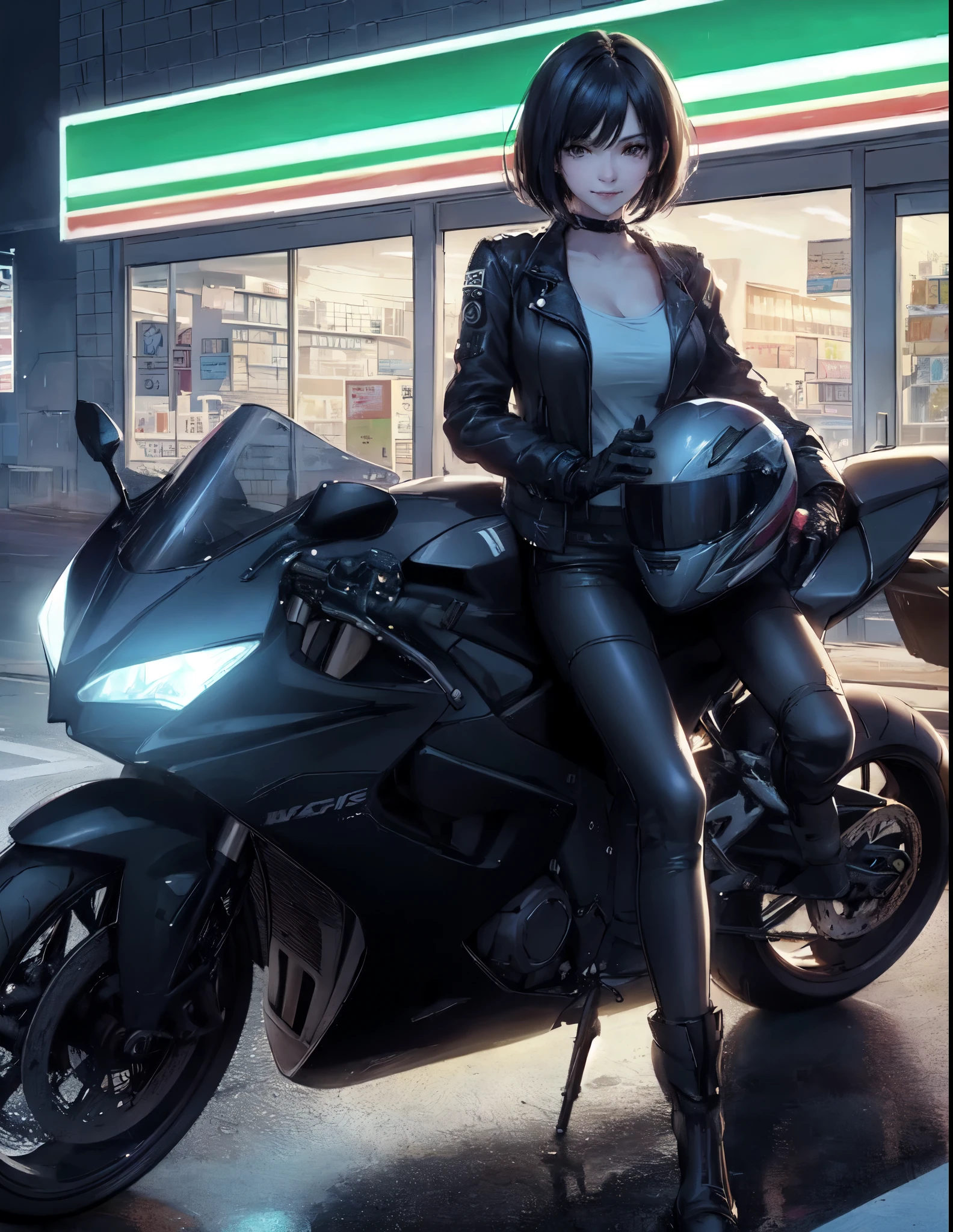 1lady standing, leaning against to motorcycle, (stylish outfit), (rider's jacket) pants, mature female, /(black hair/) bangs, (light smile:0.8), (masterpiece best quality:1.2) delicate illustration ultra-detailed, large breasts BREAK (holding full-face helmet) BREAK (in front of convenience store), outdoors, parking lot, (stylish motorcycle), midnight, dimly lit, contrast, detailed background