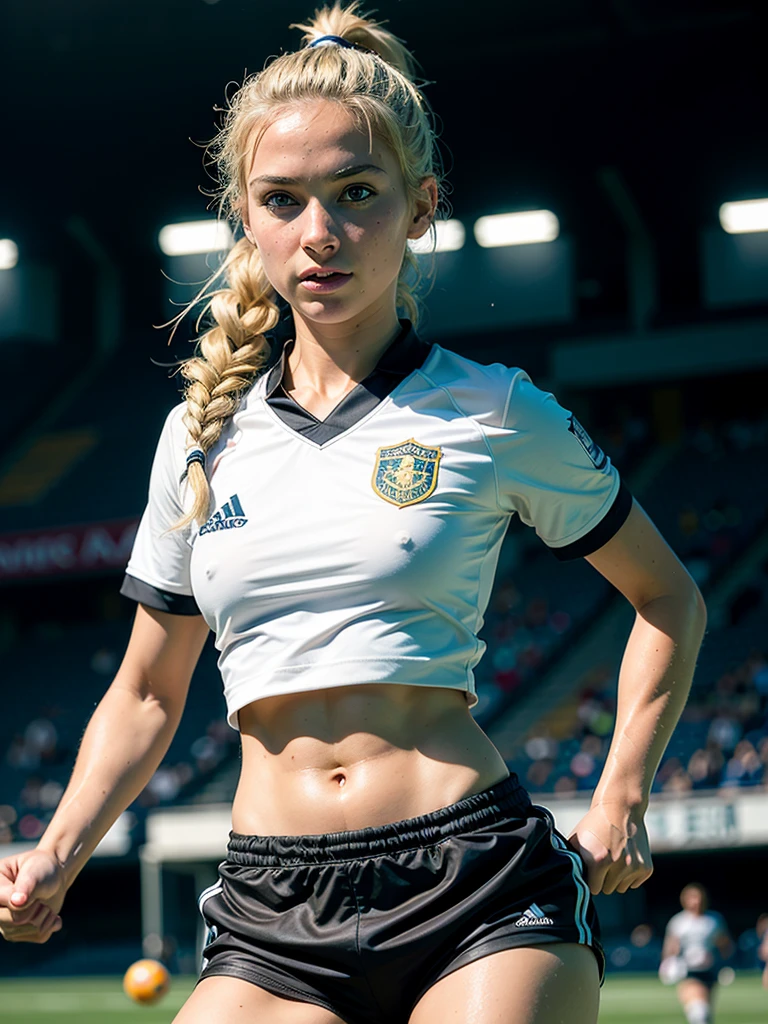 hyperrealism, (photorealistic:1.2), (photorealistic light:1.3), masterpiece, best quality, perfect detail, professional photo, realistic photo, raw photo, realistic style, detailed face, young girl, blonde, beautiful face, ponytail, athletic build , ((soccer uniform)), T-shirt and shorts, standing on a stadium, looking at the spectator