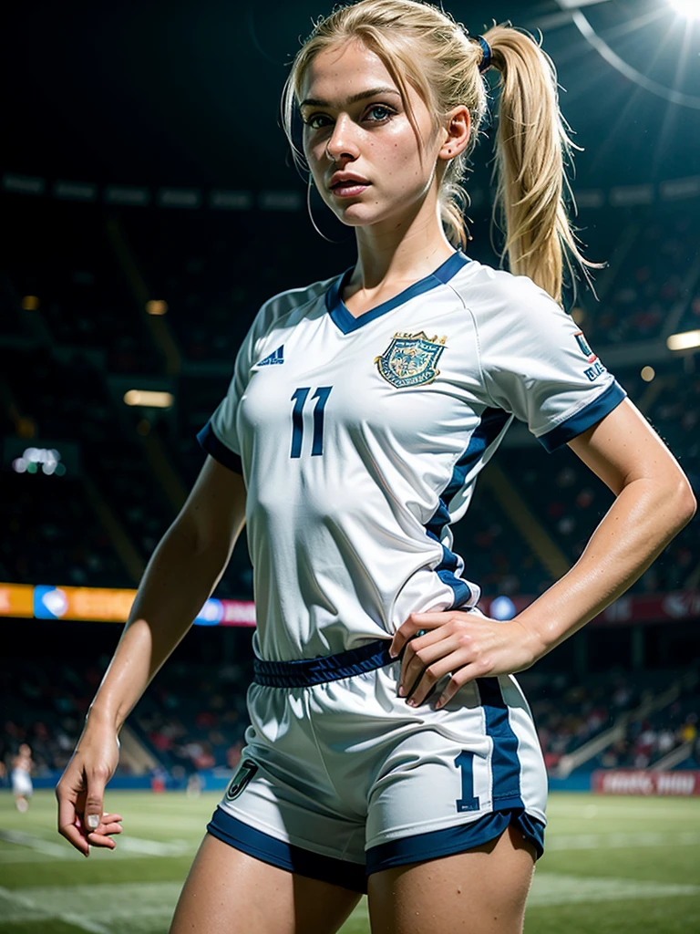 hyperrealism, (photorealistic:1.2), (photorealistic light:1.3), masterpiece, best quality, perfect detail, professional photo, realistic photo, raw photo, realistic style, detailed face, young girl, blonde, beautiful face, ponytail, athletic build  , ((soccer uniform)), T-shirt and shorts, standing on a stadium, looking at the spectator