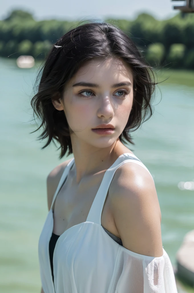 ( masterpiece, top quality, best quality,8k,17 years old girl,ultra detailed,raw photo:1.5),(photorealistic:1.4), (black hair:1.5), (cinematic lighting), PerfectNwsjMajic, , Surrealism, UHD, ccurate, Super detail, textured skin, High detail, Best quality, dynamic angle, White skin,[Beautiful blue eyes], high nose,[flat chest:large breasts:0.5],(1girl),(good anatomy:0.5)),(outside,river,portrait:1.5),white dress,original face 