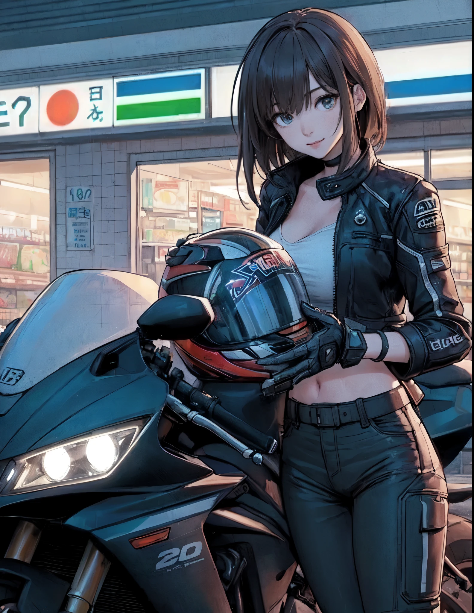 1lady standing, leaning against to motorcycle, (stylish outfit), (rider's jacket) pants, mature female, /(light brown hair/) bangs, (light smile:0.8), (masterpiece best quality:1.2) delicate illustration ultra-detailed, large breasts BREAK (holding full-face helmet) BREAK (in front of convenience store), outdoors, parking lot, (stylish motorcycle), midnight, dimly lit, contrast, detailed background