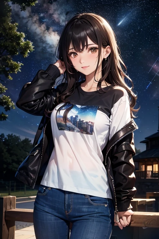 (8K), (best quality), (muste piece: 1.2)　　starry sky　I&#39;m wearing a T-shirt and jeans, the world is dark, the stars are shining in the distance
