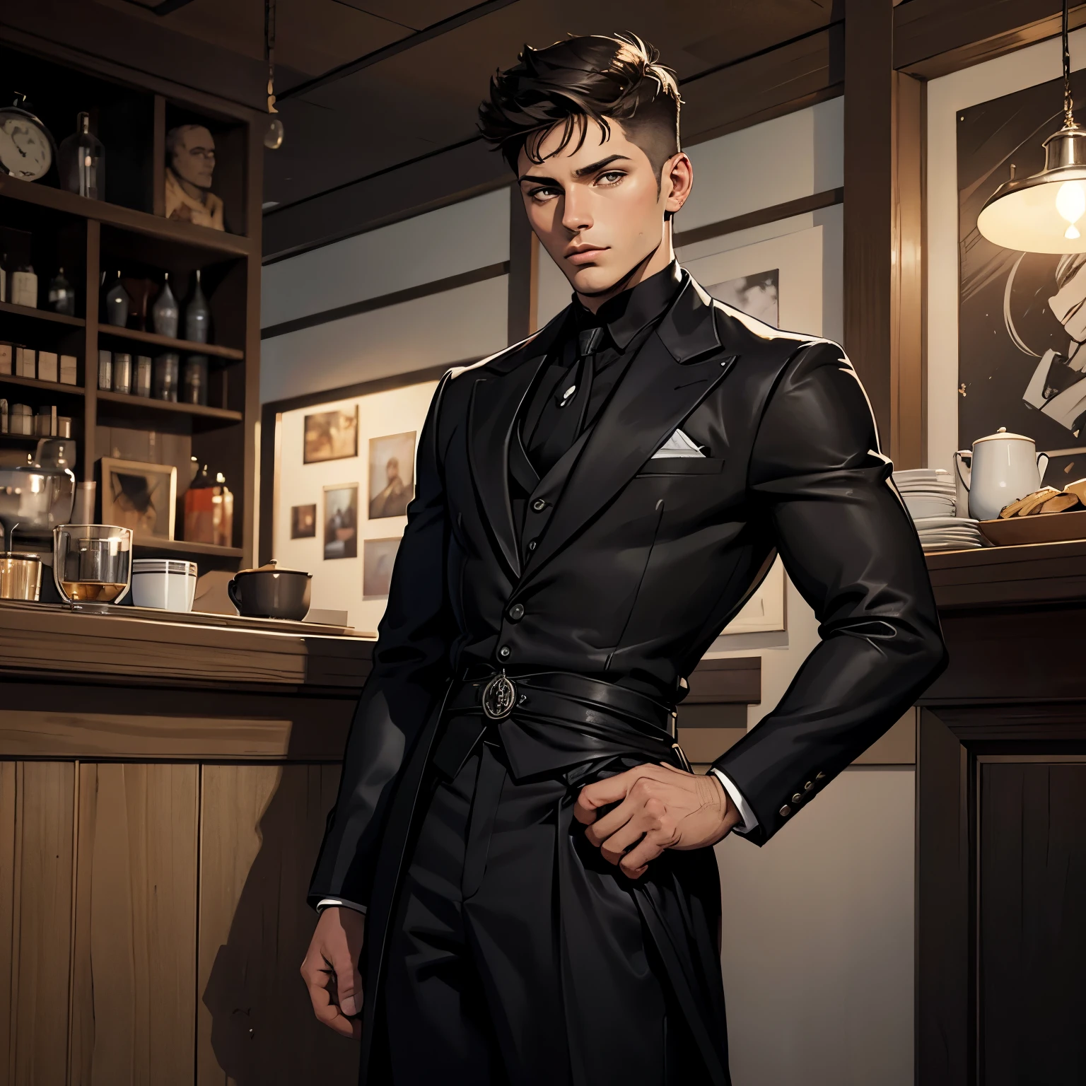arte de comic moderno de un adolescente hombre parecido a Jensen Ackles cabello negro corto, ojos cafes. usando un abrigo de la epoca victoriana negro, en una base futurista