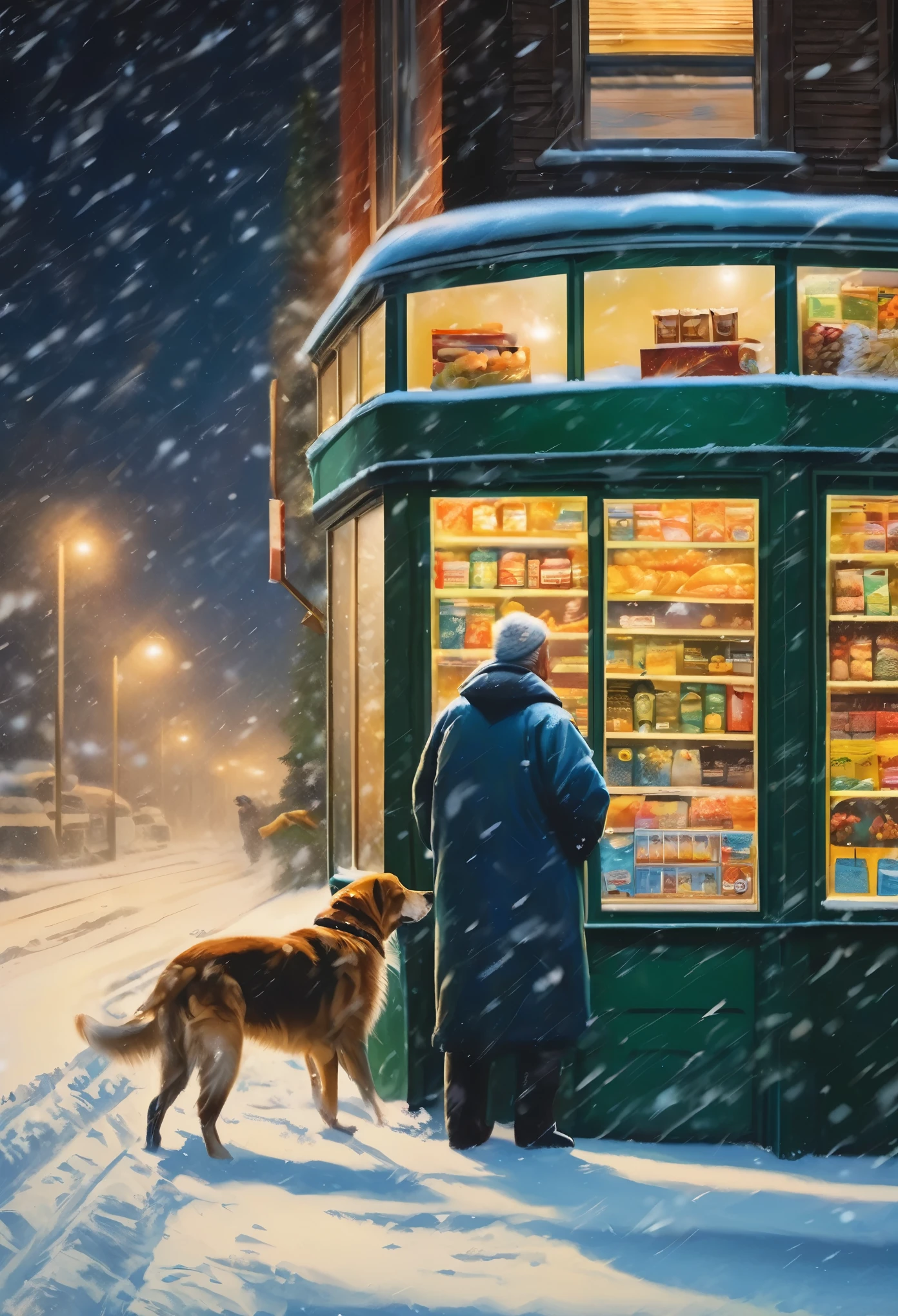 (masterpiece,photography,lifelike,)winter,heavy snow,snow,late night,Convenience store at night,supermarket,Huge glass windows,Old man and dog in the window,Bus stops