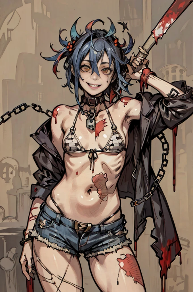 ,highest quality, High resolution,(The background is made up of a lot of chains and ruins.、cemetery、skeleton),Cute zombie girl、Splattering blood、amusement park、small eyes、（flat chest）, Odd colored hair, realistic, masterpiece, super detailed, realistic, beautiful、A lot of chains wrapped around his body、((A body full of stitches)),((A patchwork body))、Tattered denim hot pants、bikini、colorful、Big collar with a chain、crazy smile、(Holding a bloody metal bat),A body in pieces
