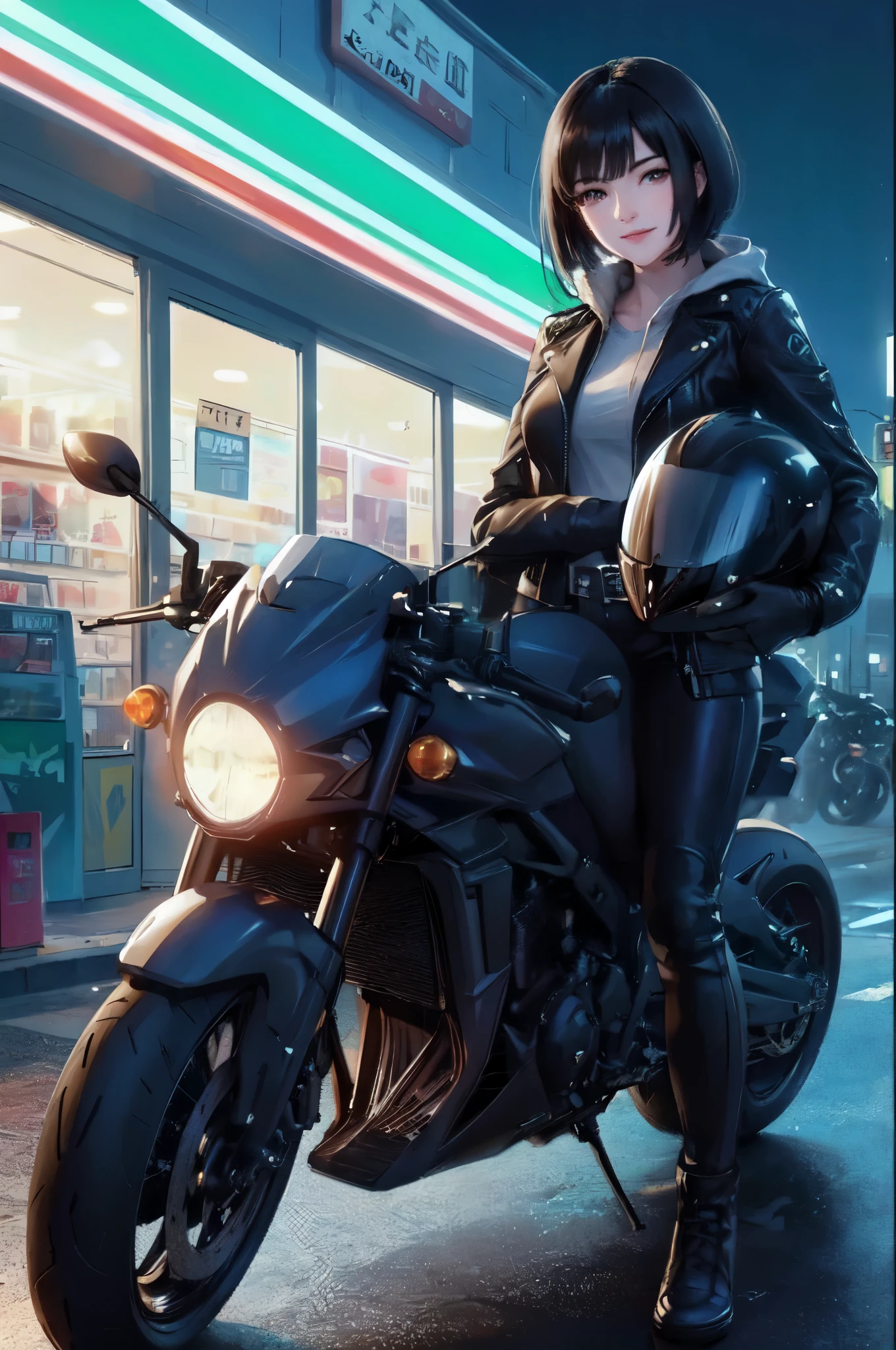 1lady standing, (straddling motorcycle), parked motorcycle, (stylish outfit), (rider's jacket) pants, mature female, /(black hair/) bangs, (light smile:0.8), (masterpiece best quality:1.2) delicate illustration ultra-detailed, large breasts BREAK (holding full-face helmet) BREAK (in front of convenience store), outdoors, parking lot, (stylish motorcycle), midnight, dimly lit, contrast, detailed background
