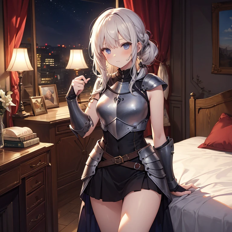 A group of female medieval fantasy adventurer, (in bedroom), various hair styles, harem, wearing armored clothes, metal armor, night, details face, , short skirt, seducing, sword, sleeveless , night, starry night