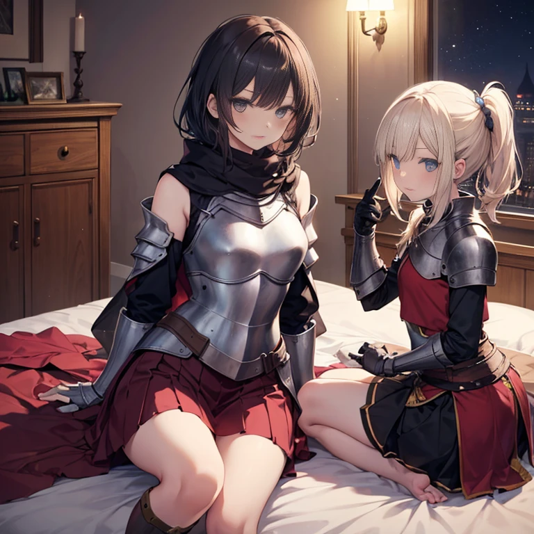 A group of female medieval fantasy adventurers, (in bedroom), various hair styles, harem, night, details face, short skirt, seducing, sleeveless, armor