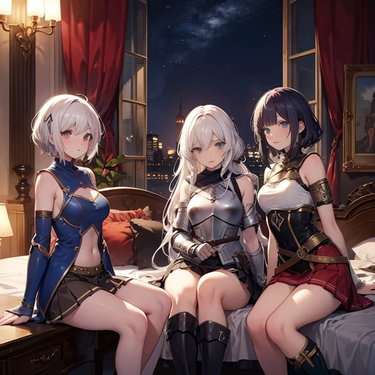 A group of  female medieval fantasy adventurers, (in bedroom), various hair styles, harem, night, details face, short skirt, seducing, sleeveless, armor 